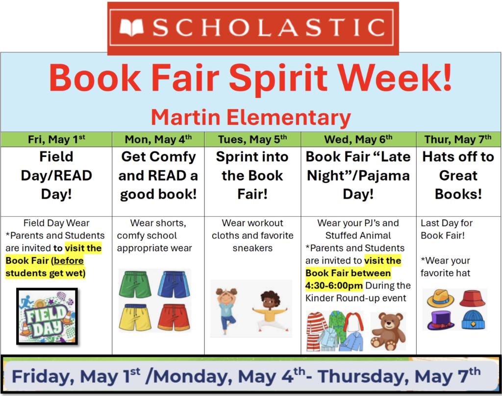 A colorful poster for Martin Elementary's Book Fair Spirit Week, listing dates and activities from May 1st to May 7th.