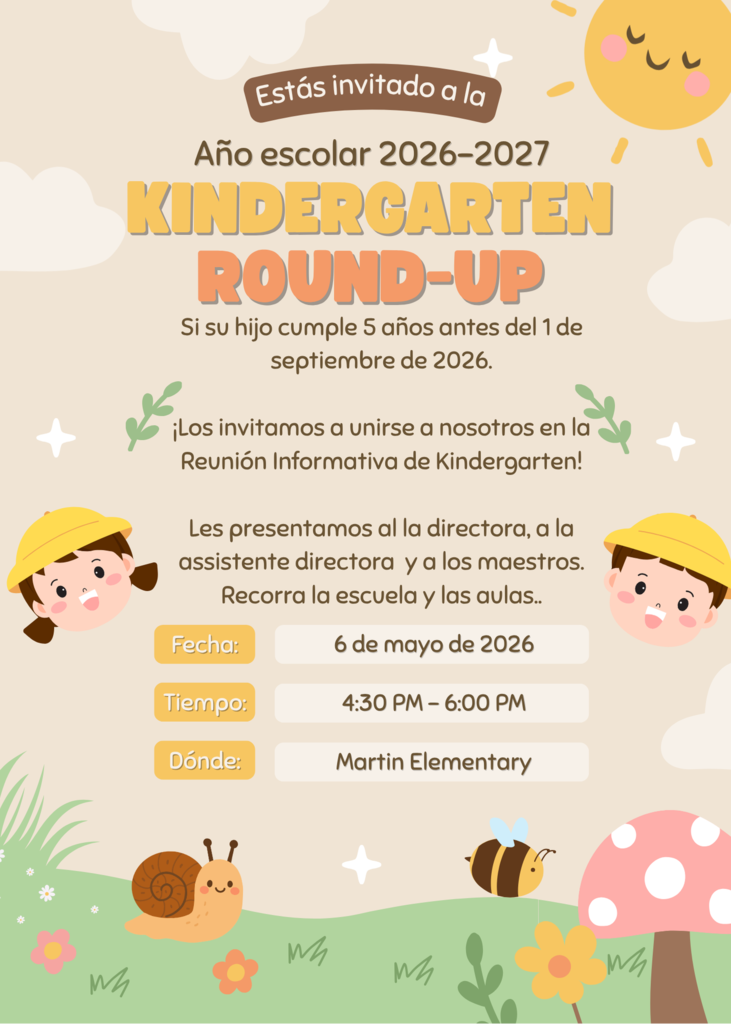 A poster invites families to the Kindergarten Round-Up event on May 6, 2026. It features children, flowers, and a mushroom.