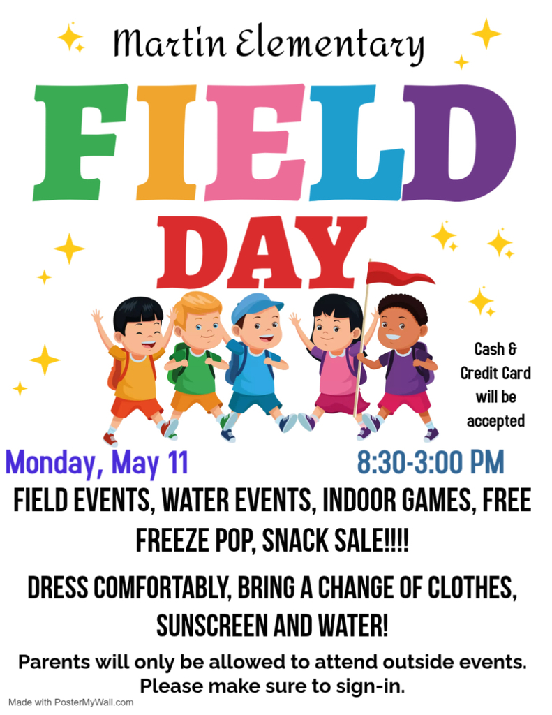 A colorful flyer displays "FIELD DAY" in bold letters with children running and holding flags. Details include date, time, and activities. White background with stars.
