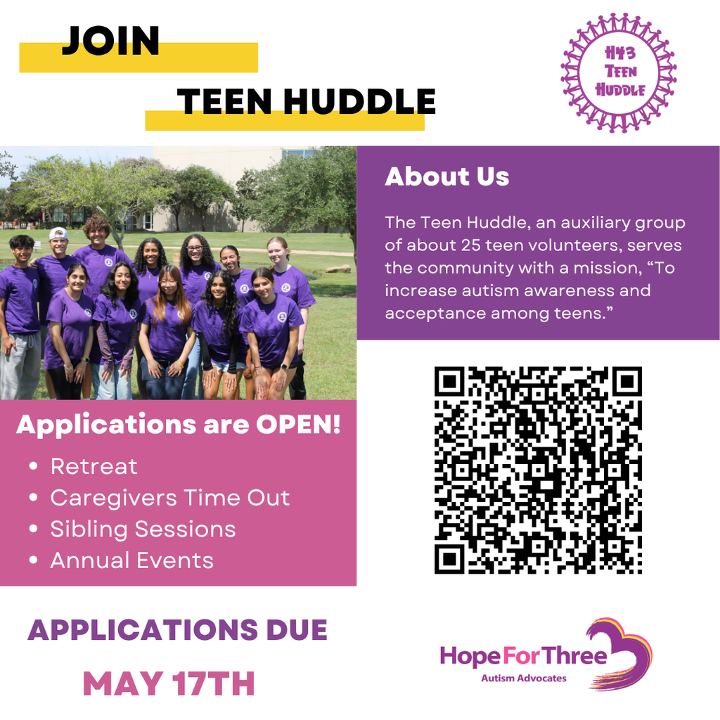 Applications are OPEN! 💜 Join Teen Huddle and make an impact by promoting autism awareness and acceptance among teens. Volunteer at events, retreats, and more. Apply by May 17! Scan the QR code to learn more.