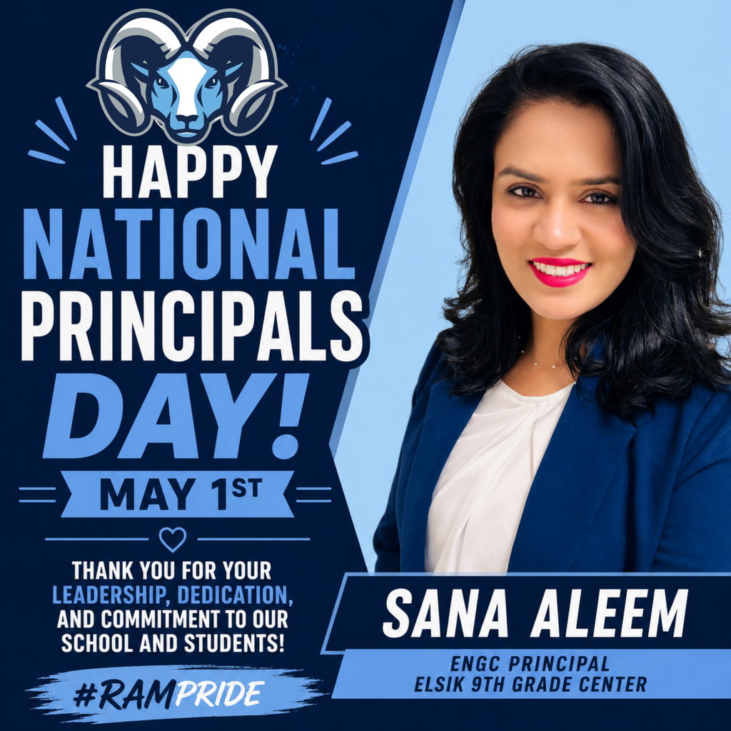 An advertisement poster shows a smiling woman in a blue blazer. Text reads, "Happy National Principals Day! May 1st." The background is blue.