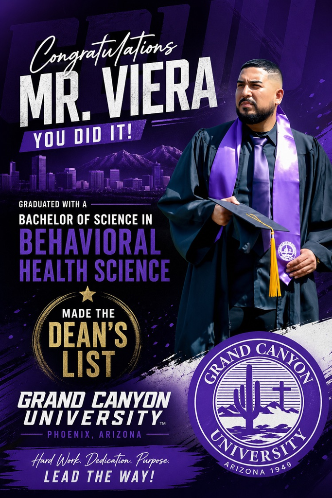 🎓 Congratulations to Mr. Viera! 🎉  We proudly celebrate his incredible achievement of earning a Bachelor of Science in Behavioral Health Science from Grand Canyon University in Phoenix, Arizona — and making the Dean’s List!