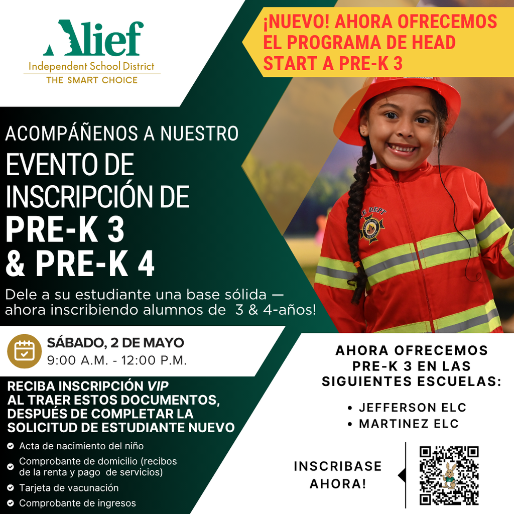 Flyer with a smiling child in a fire fighter's outfit. Spanish text reads "Evento de Inscripción de Pre-K 3 y Pre-K 4."