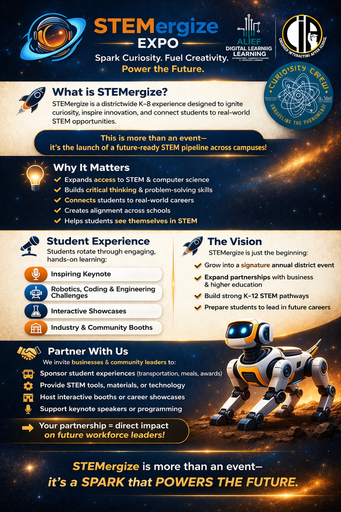Informational poster on STEMerize event. Features description, vision, student experience, and partnership opportunities. Background of space.