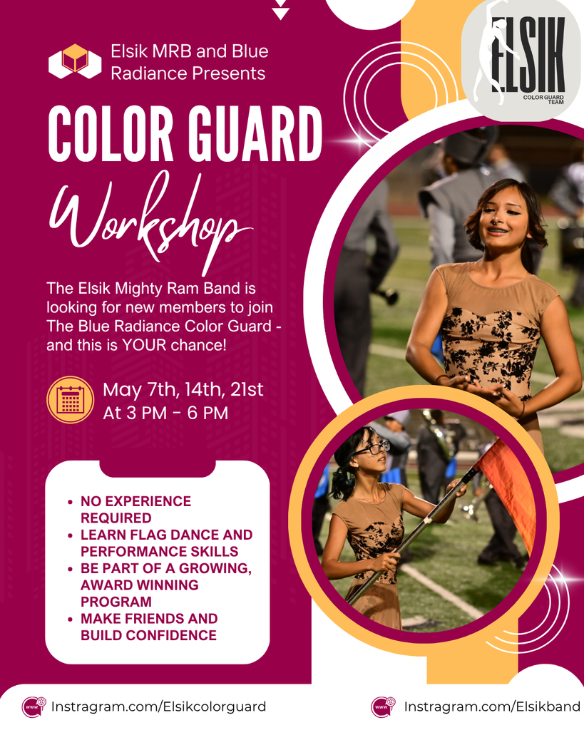 🎶 Join the Elsik Mighty Ram Band for an exciting spring season! From Color Guard workshops to our Spring Concert, there’s something for everyone. Learn new skills, perform with award‑winning groups, and experience the music. Entry is FREE! 🎺🎽