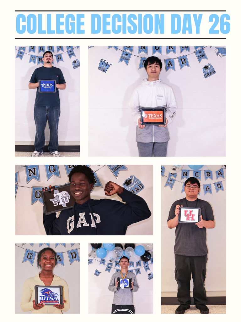 A collage of five individuals holding signs with college logos and names, standing in front of a green backdrop.