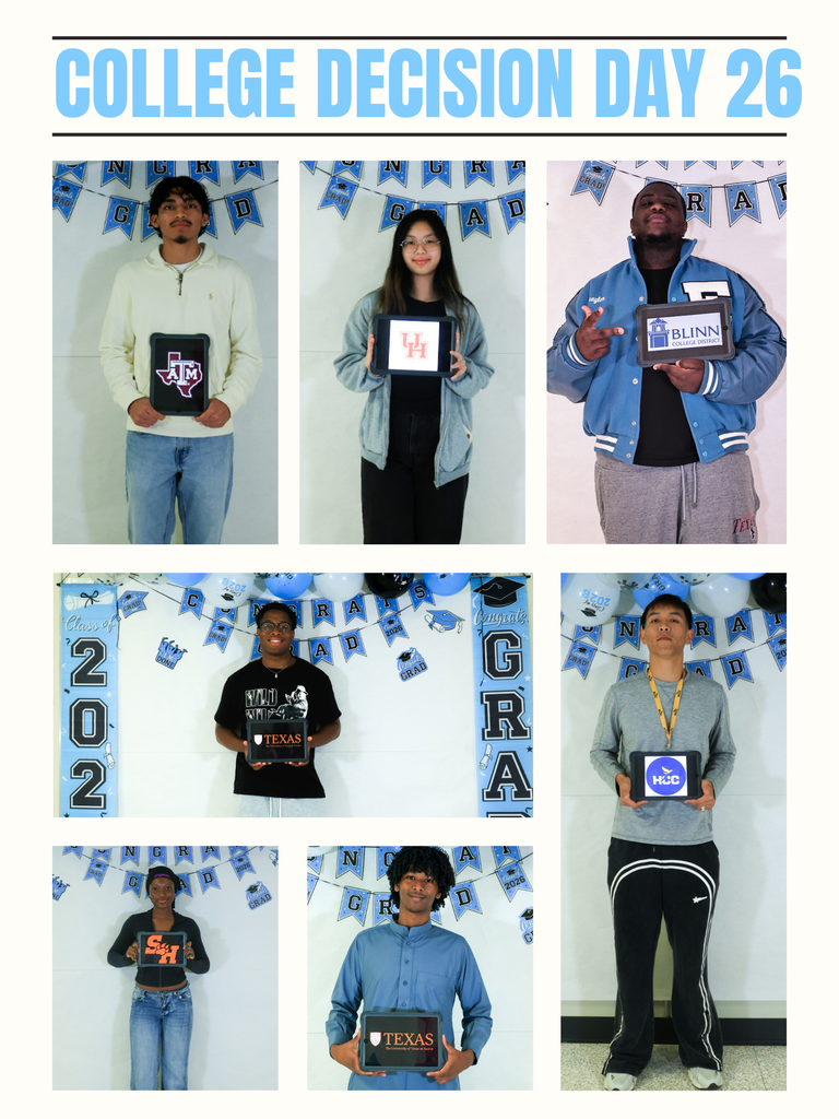Six individuals in varied poses, each holding a sign displaying a college name, against a backdrop of decorative party banners.
