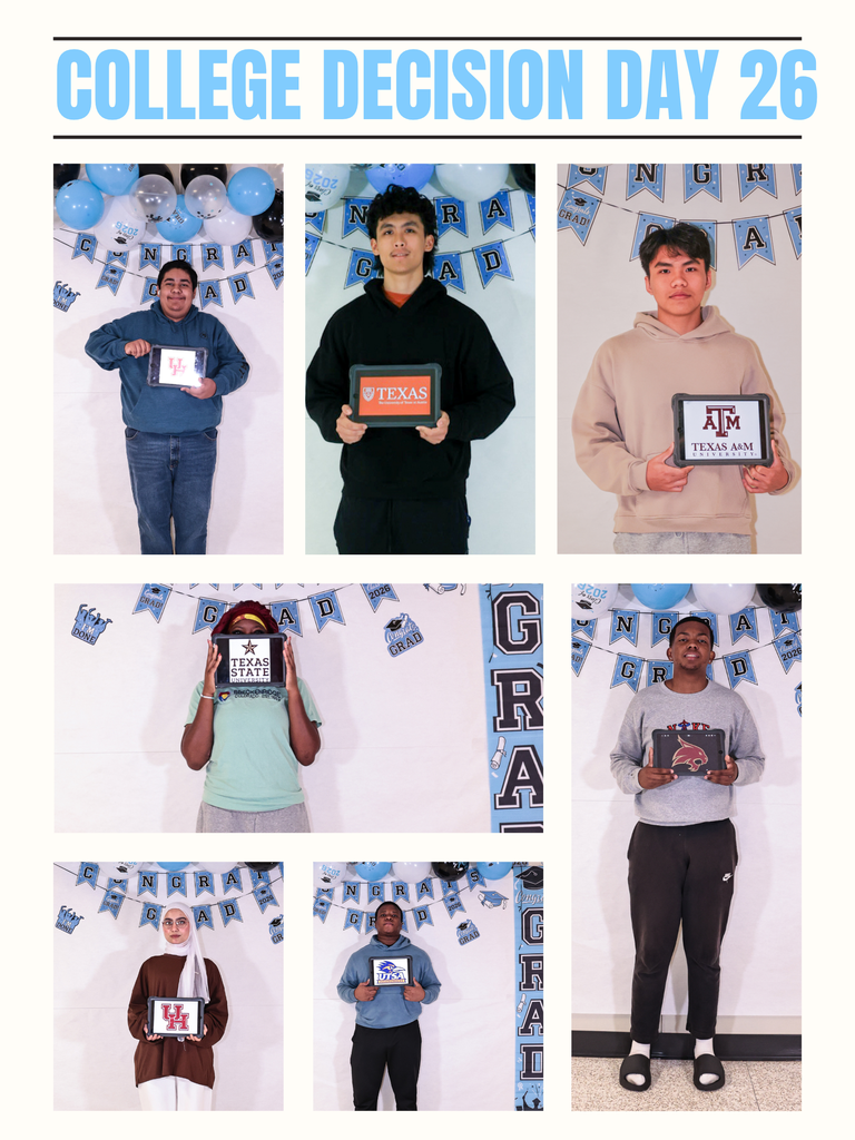 Collage of students holding signs. Background with blue and white balloons and bunting. "COLLEGE DECISION DAY 26" in bold text.