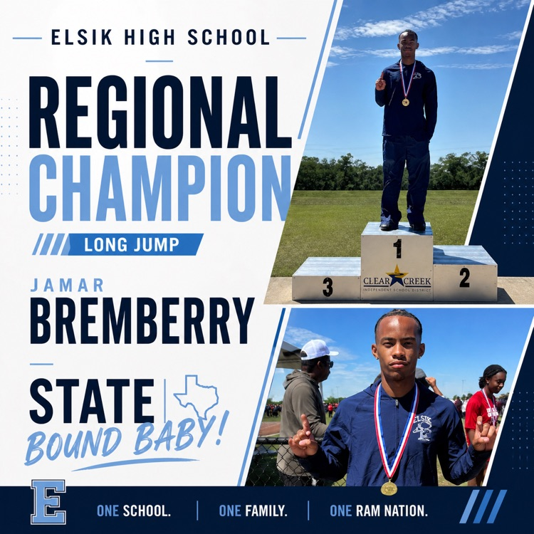 Jamar Bremberry is your Regional Champion in Long Jump! 🥇 He’s headed to STATE! 💙 Your hard work and dedication make Ram Nation proud. Keep soaring and representing Elsik the right way! #RamNation #LeadTheWay