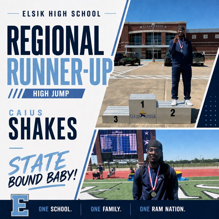 Caius Shakes is your Regional Runner-Up in High Jump and headed to STATE! 🥈💙 Your hard work and dedication continue to elevate Ram Nation. Keep soaring and representing Elsik with pride! #RamNation #LeadTheWay