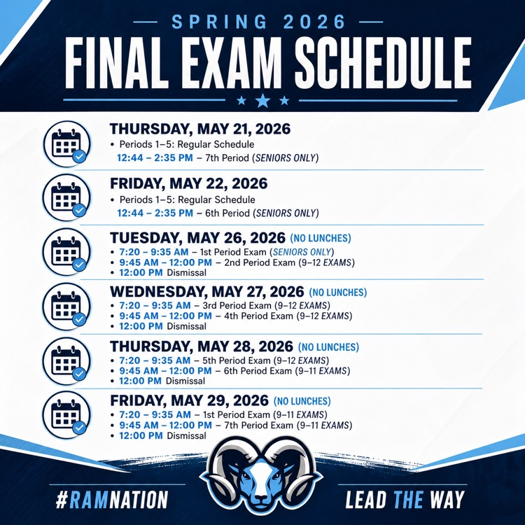 Final exams are here, Mighty Rams! 📝 Stay focused, arrive on time, and bring your fully charged device + charger each day. Let’s finish strong and show what you’ve learned this year! 💙 #RamNation #LeadTheWay