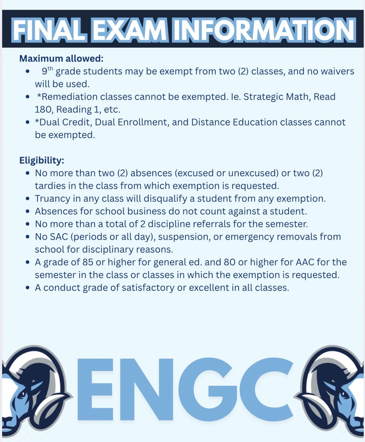 Final exams are set, ENGC! 📝 Check the Spring 2026 schedule and plan ahead. Stay focused, meet eligibility for exemptions, and finish strong. Mighty Rams, let’s show up and show out! 💙 #RamNation #LeadTheWay