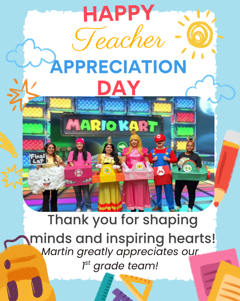An image shows five people in costumes, holding boxes, with a backdrop of a video game. Above, text reads "HAPPY TEACHER APPRECIATION DAY."