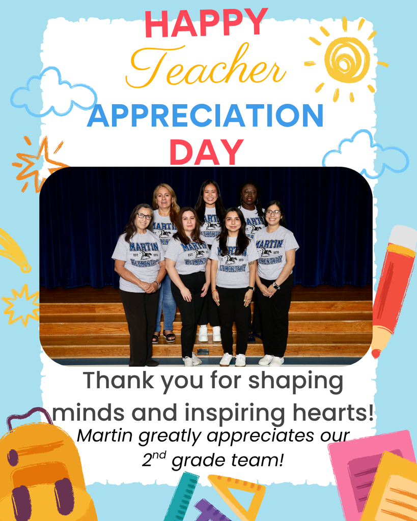 A group of seven people in matching shirts standing on a stage with text that reads, "Happy Teacher Appreciation Day."