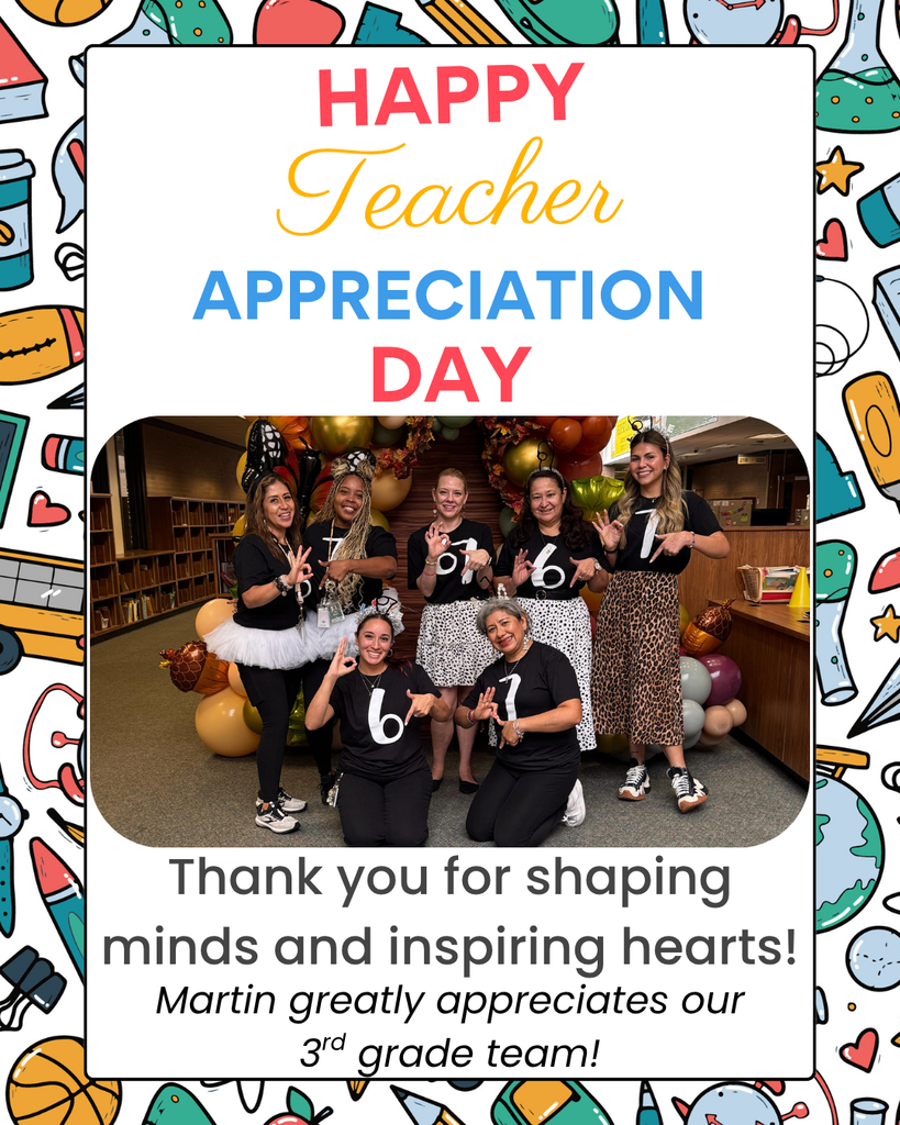 A collage displays a group of people in black t-shirts with "Happy Teacher Appreciation Day" above.