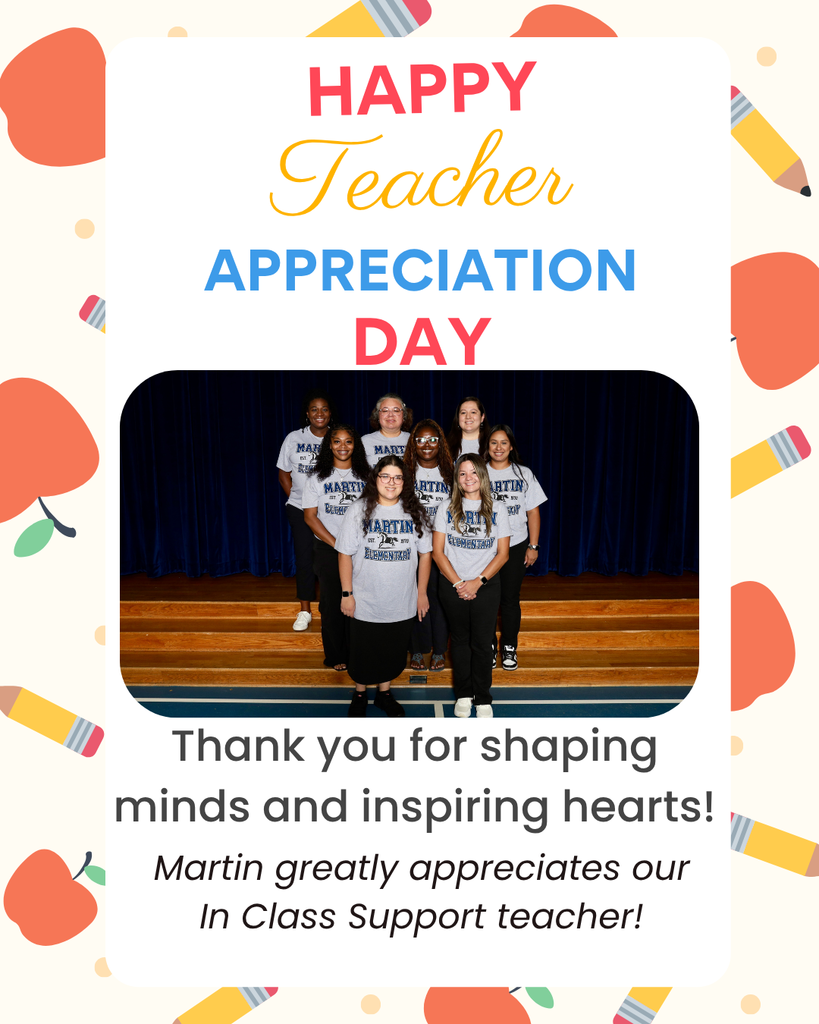 Text: Happy Teacher Appreciation Day. A group of individuals in matching shirts stands on a stage with a blue curtain.