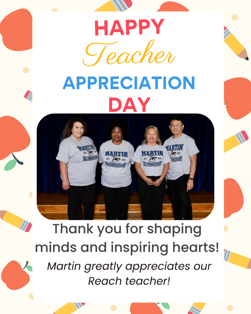 Four people stand together in front of a stage, all wearing matching shirts. Words above them say "Happy Teacher Appreciation Day."