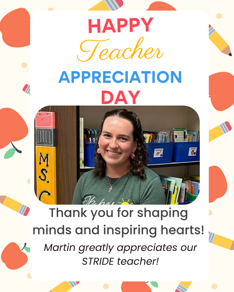 Poster with a teacher smiling, surrounded by pencils, apples, and books, with a message: "Happy Teacher Appreciation Day."
