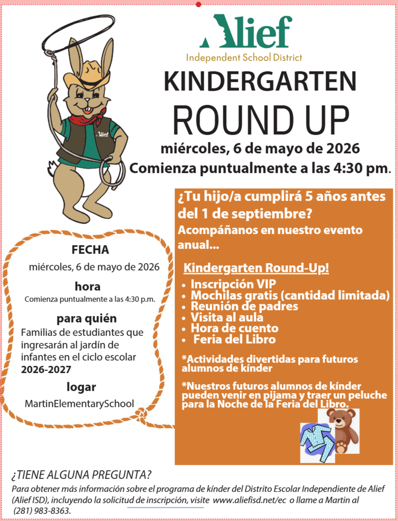 A poster with a cartoon rabbit in a cowboy hat. The title reads "Kindergarten Round Up." Event details include date, time, and location.