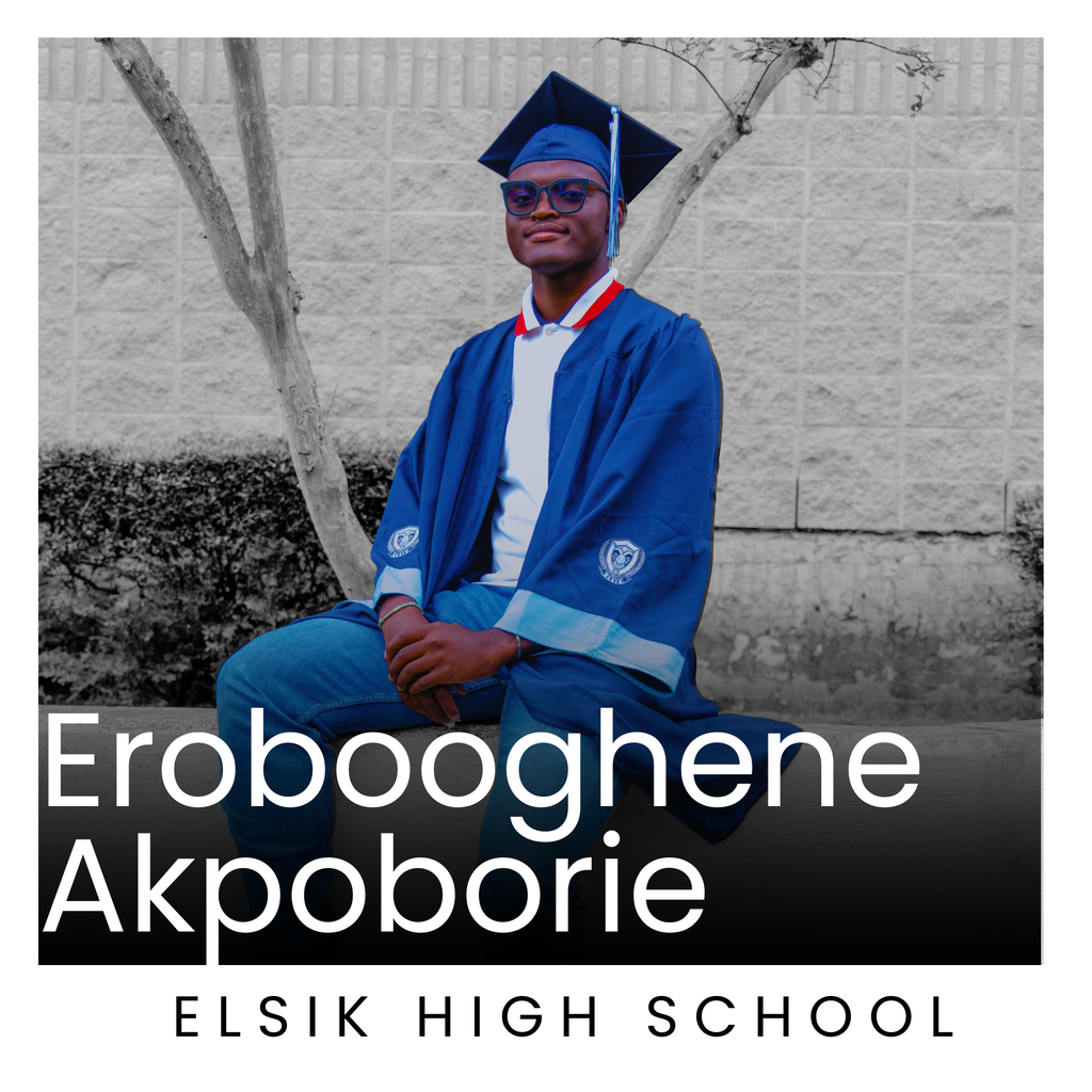 Person in cap and gown sitting on a ledge, with a tree behind, and text overlay reading "Erobooghene Akpoborie ELsik High School."
