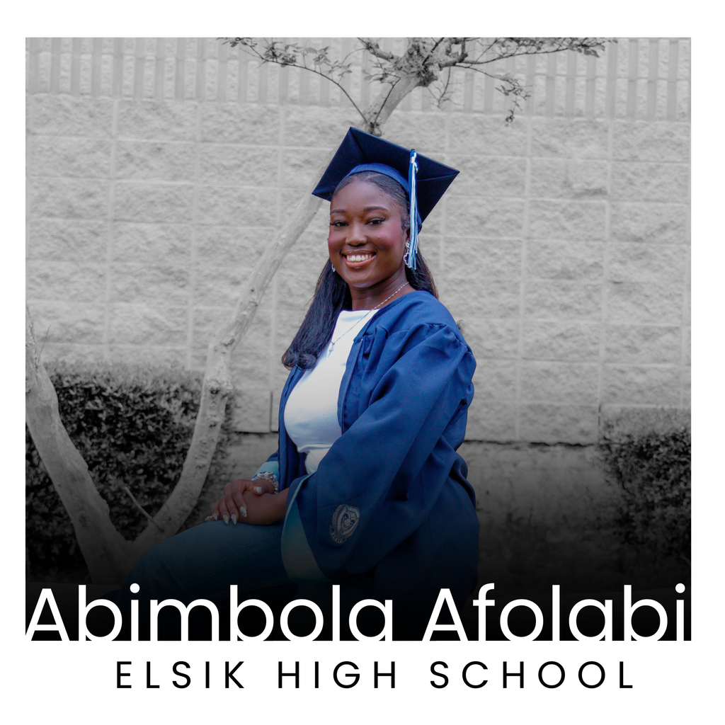 A young woman in a graduation gown and cap smiles outside. Behind her, a tree and wall are visible. Text reads "Abimbola Afolabi, Elsik High School".