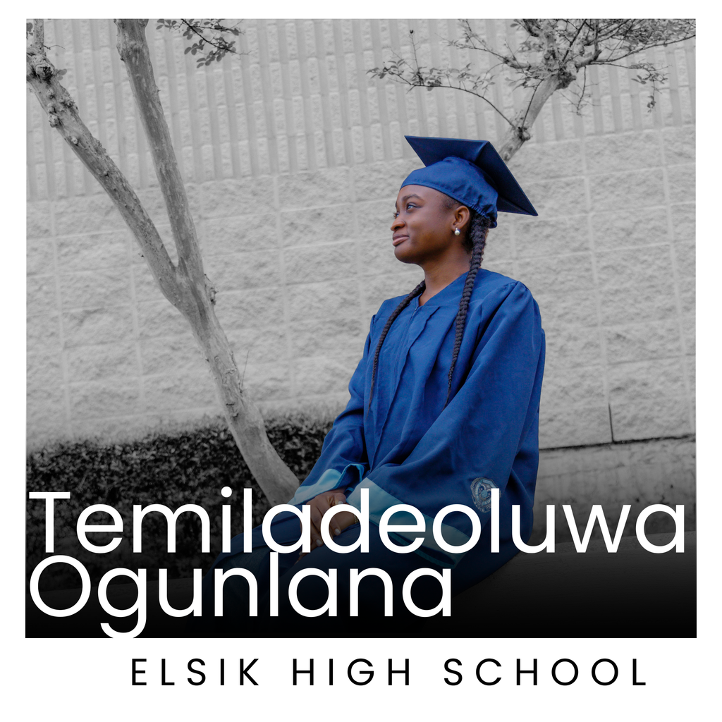 A person in a graduation gown and cap sits near a tree. Text overlays read "Temiladeo Oluwa Ogunlana" and "Elsik High School."