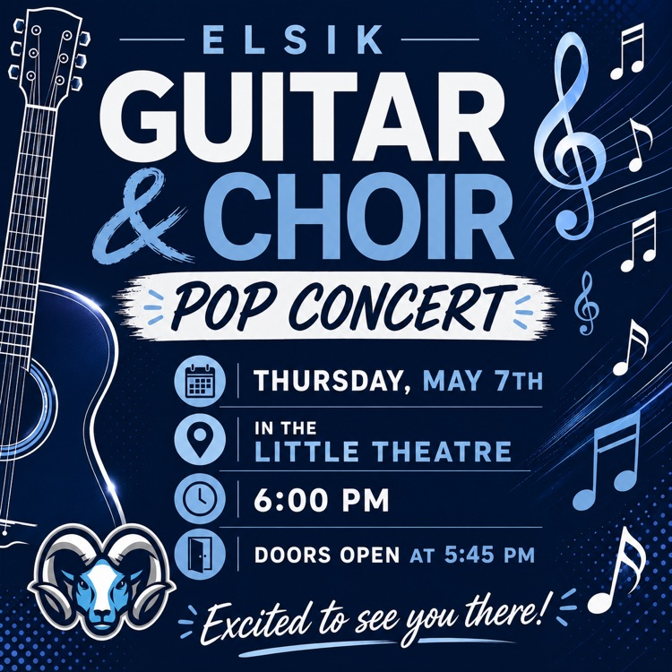 🎶 Join us for the Elsik Guitar & Choir Pop Concert this Thursday in the Little Theatre! Doors open at 5:45 PM and the show begins at 6:00 PM. Come enjoy an evening of incredible music, energy, and Mighty Ram talent! 🎸🎤💙 #RamNation #LeadTheWay