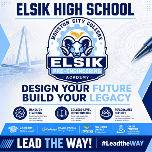 Promotional poster for Elsik Pre-Engineering Academy, featuring a ram logo, school emblem, and a pen for writing.