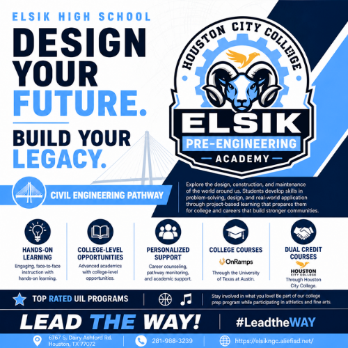 Elsik Engineering Academy is now accepting applications! <https://bit.ly/becomeanelsikengineer> Play sports, join fine arts, and earn an associate degree from Houston City Collegeβat the same time. \#RamNation #LeadtheWAY