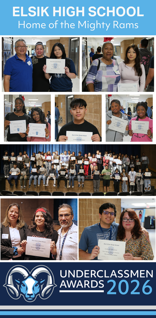 A collage of pictures taken at the 2026 Underclassmen Awards Ceremony at Elsik High School, Home of the Mighty Rams
