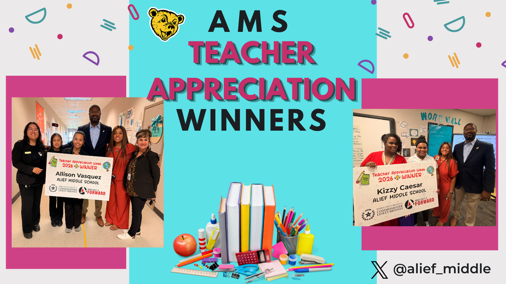 A collage of people holding certificates and books, titled "AMS TEACHER APPRECIATION WINNERS". Two groups are posing.