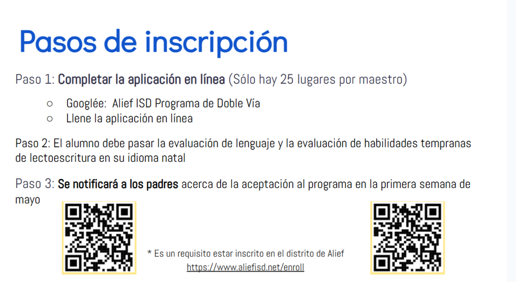A webpage titled "Pasos de inscripción" lists steps for enrollment with QR codes. Steps include completing an online application and passing language assessments.