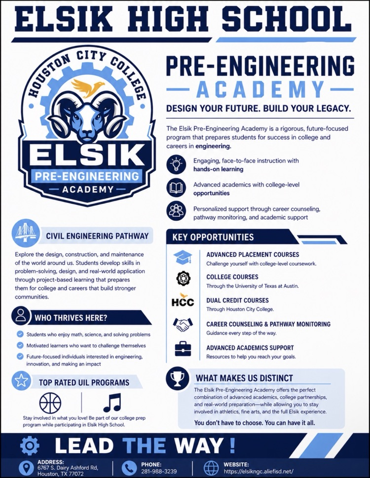     🚀 Future engineers start here! Join the Elsik Pre-Engineering Academy for hands-on learning, college courses, and real-world experiences that prepare you for success. 💙🐏     Apply today:  https://bit.ly/becomeanelsikengineer     #LeadTheWay