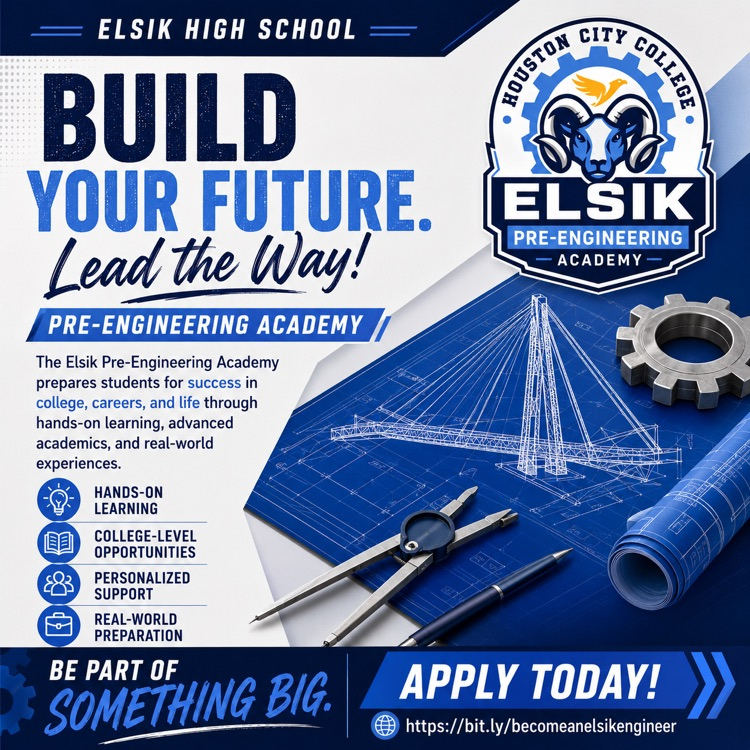     🏗️ Design your future at Elsik High School! Explore engineering pathways, hands-on projects, and college-level courses while building skills for tomorrow’s careers. 💙🐏     Apply here:  https://bit.ly/becomeanelsikengineer     #RamNation