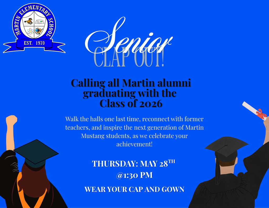 Blue background with white text reads "Senior Clap Out!" Two figures in caps and gowns hold up diplomas. One figure is raising an arm.
