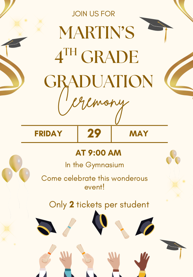 Invitation card for Martin's 4th grade graduation on May 29 at 9:00 AM in the gymnasium. Illustrated hands holding graduation caps.