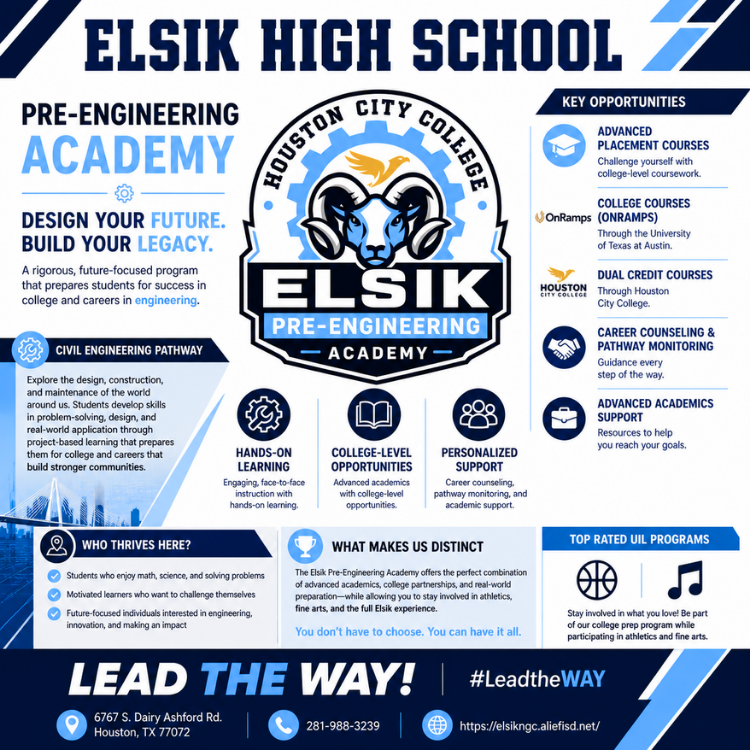 Blue and white informational graphic. Centered logo. Text in blue and white. Sections: "Pre-Engineering Academy" and "Design Your Future."