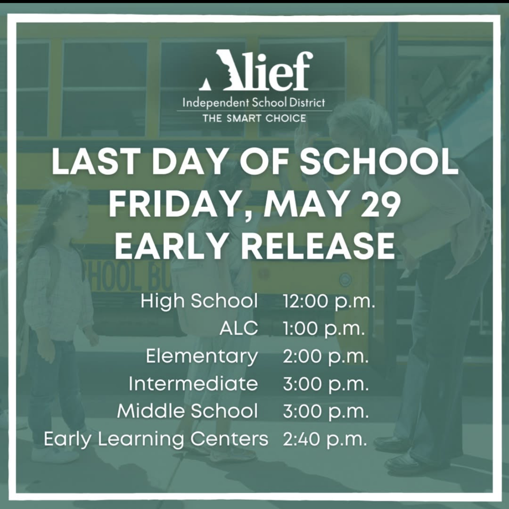 Text overlays a school bus; release times listed for various school levels and centers.