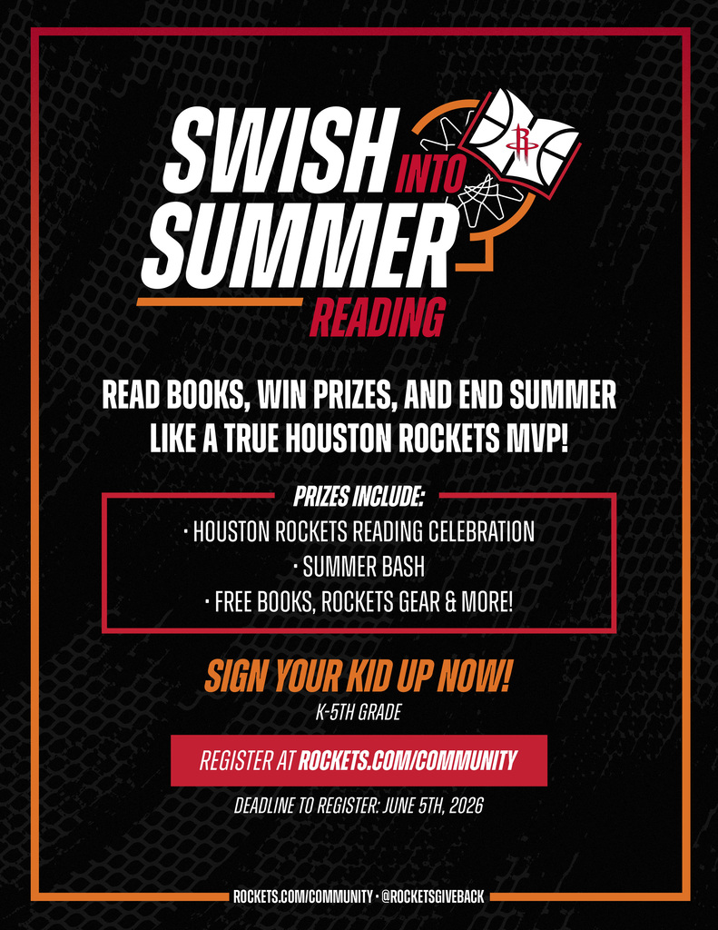 Black banner for Swish Into Summer Reading. Bold white text and a red outline. A basketball logo.