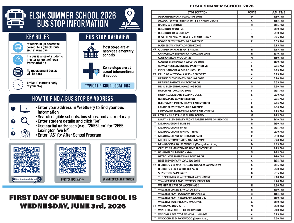 📢 Summer School Transportation Info This informational flyer helps students and parents easily locate summer school bus details. It includes three QR codes to:  🚍 Find bus stops based on your home address 🕒 View bus stop locations and pickup/drop-off times 📝 Register for summer school  Scan the codes to quickly access everything you need to get started!