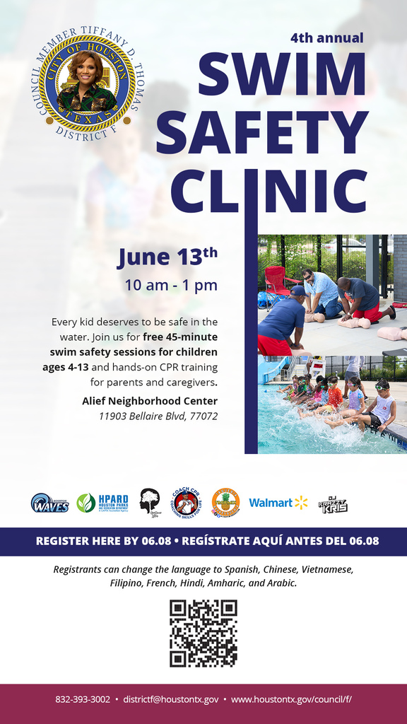 A flyer for the 4th annual Swim Safety Clinic on June 13, 10 am - 1 pm, at the Allie Neighborhood Center.