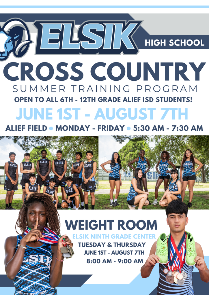 Elsik Cross Country Summer Training is here! 🏃‍♂️🏃‍♀️ Open to all Alief ISD students in grades 6–12. Join us June 1–Aug 7, Monday–Friday, 5:30–7:30 AM at Alief Field. Build endurance, strength, and team spirit. Let’s put in the work and get faster together! #ElsikXC