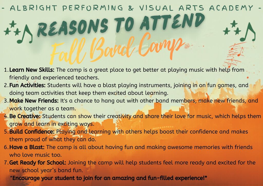 An advertisement for Fall Band Camp with an orange background lists seven reasons to attend, including making new friends and learning new skills.