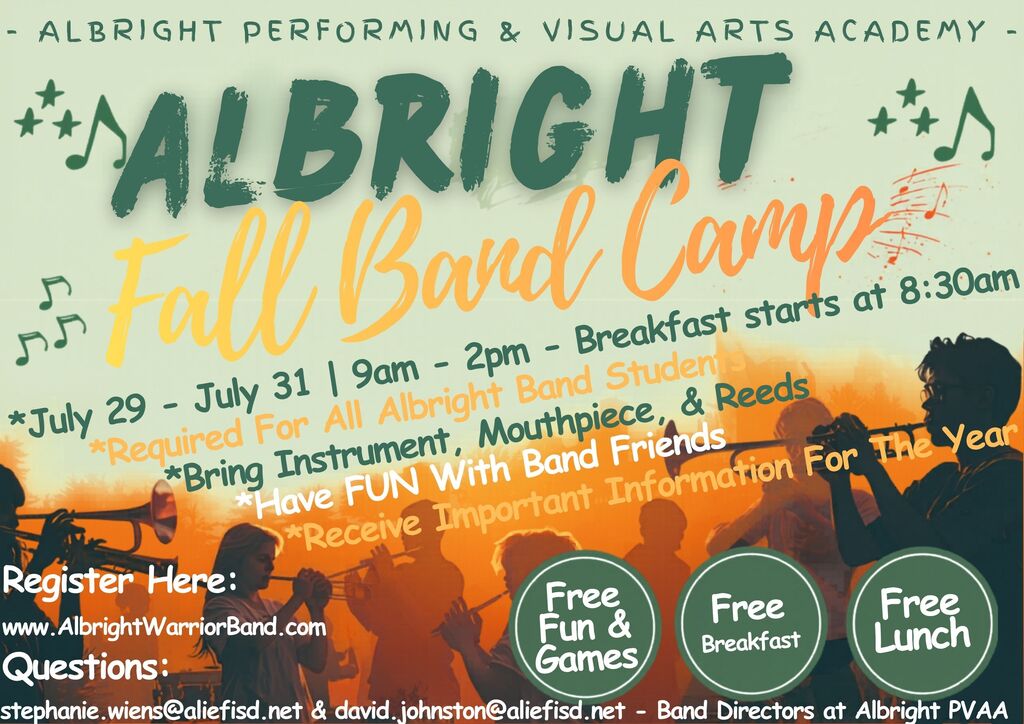 A poster announces Fall Band Camp with Albright Performing & Visual Arts Academy. It includes music notes, dates, and times.
