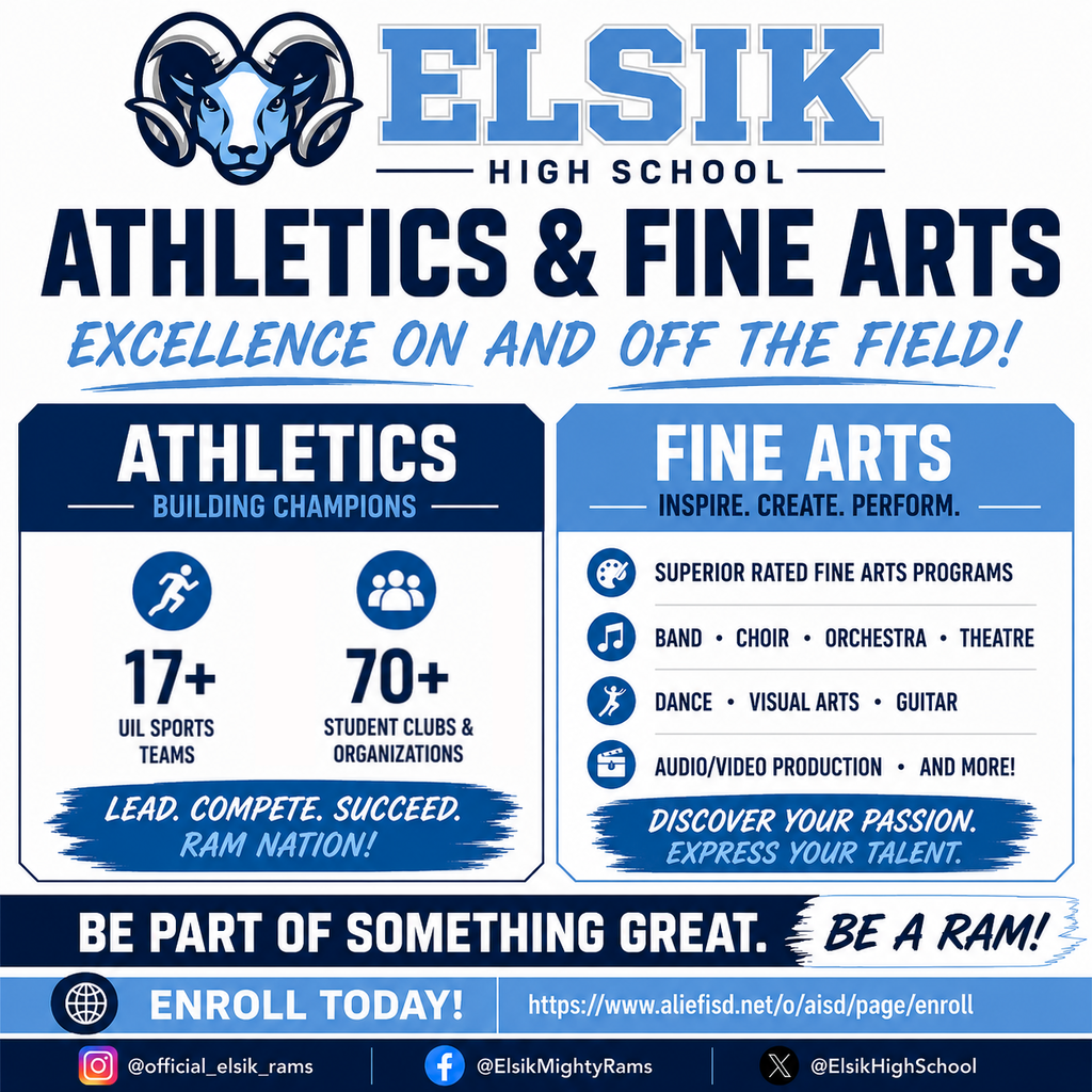 Be part of something great at Elsik High School! Excel in athletics, shine in fine arts, and join 70+ clubs. Discover your passion and lead with pride—Ram Nation is waiting for you! 🐏💙 Enroll today: https://bit.ly/become-anelsikram #MightyRams