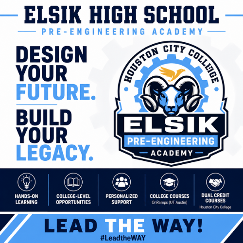Blue and white ad for Elsik High School Pre-Engineering Academy with a ram logo, emphasizing college-level opportunities and dual credit courses.