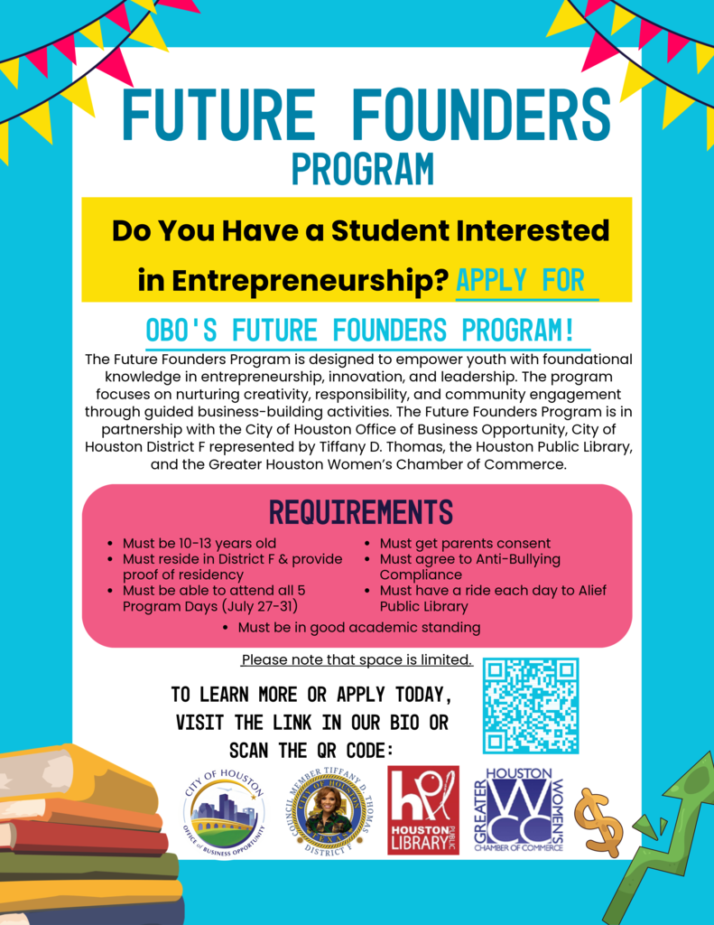 Poster with blue, yellow, and white background advertises Future Founders Program. Text invites students interested in entrepreneurship to apply. Details include age requirement, parental consent, and participation.