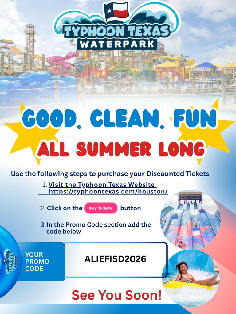 Advertisement poster for Typhoon Texas Waterpark. It includes text, an image of a waterslide, and a promo code.