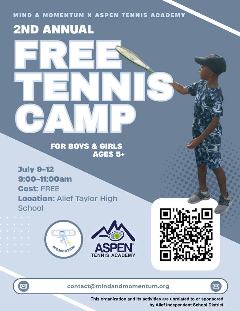 A poster for a free tennis camp for children ages 5 and older, from July 9-12. QR code, contact info, and event details included.