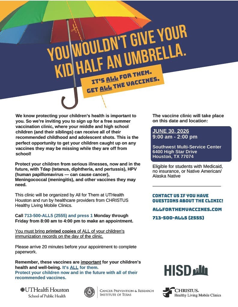 Advertisement for a vaccine clinic with blue text on a white background, showing a rainbow umbrella and the headline "You wouldn't give your kid half an umbrella."